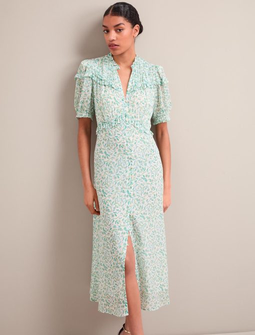 Viola Gold Metallic Fil Coupé Midi Dress - Green Yellow Trailing Feather Print - 画像 (9)