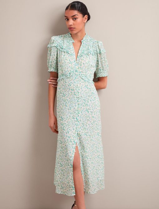 Viola Gold Metallic Fil Coupé Midi Dress - Green Yellow Trailing Feather Print - 画像 (10)