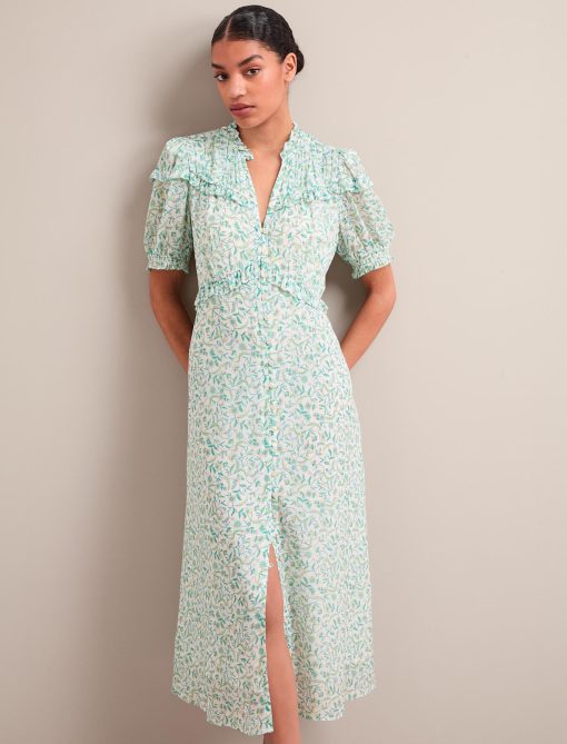 Viola Gold Metallic Fil Coupé Midi Dress - Green Yellow Trailing Feather Print - 画像 (11)