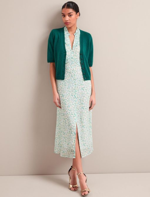 Viola Gold Metallic Fil Coupé Midi Dress - Green Yellow Trailing Feather Print - 画像 (7)