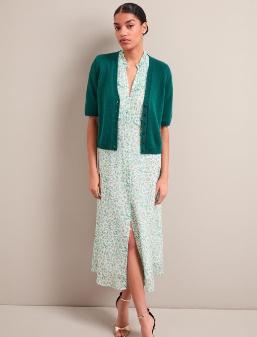 Viola Gold Metallic Fil Coupé Midi Dress - Green Yellow Trailing Feather Print - 画像 (3)