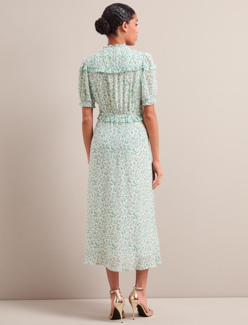 Viola Gold Metallic Fil Coupé Midi Dress - Green Yellow Trailing Feather Print - 画像 (12)