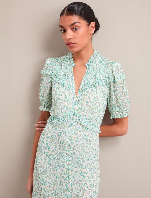 Viola Gold Metallic Fil Coupé Midi Dress - Green Yellow Trailing Feather Print - 画像 (5)