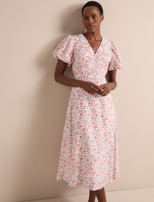 Elisa Silk Blend Midi Dress - Red Trailing Feather Print - 画像 (8)