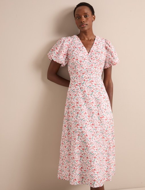 Elisa Silk Blend Midi Dress - Red Trailing Feather Print - 画像 (3)