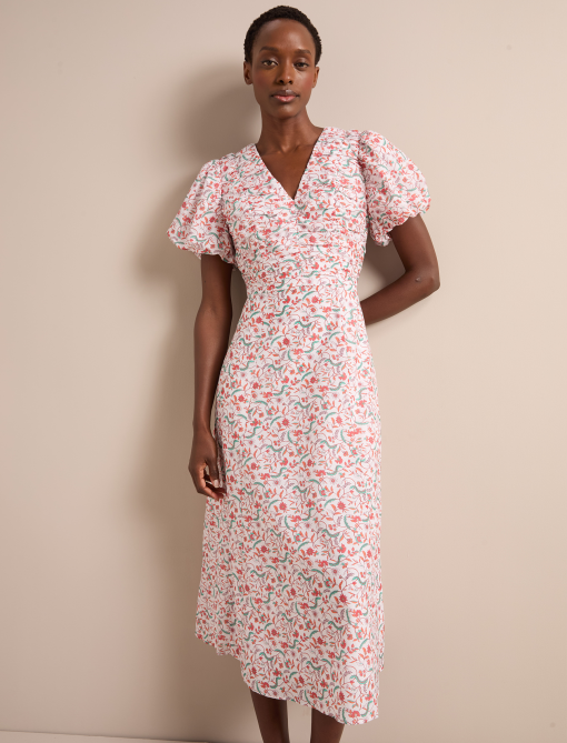 Elisa Silk Blend Midi Dress - Red Trailing Feather Print - 画像 (5)