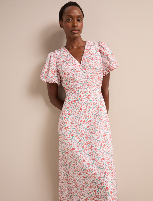 Elisa Silk Blend Midi Dress - Red Trailing Feather Print - 画像 (6)
