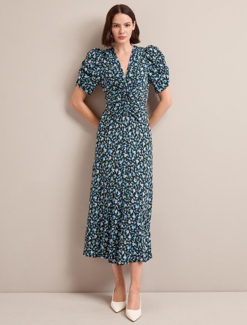 Ophelia Bias Cut Maxi Dress - Black Blue Deco Floral Print - 画像 (2)