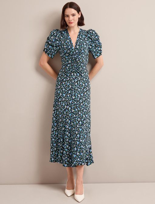 Ophelia Bias Cut Maxi Dress - Black Blue Deco Floral Print - 画像 (6)