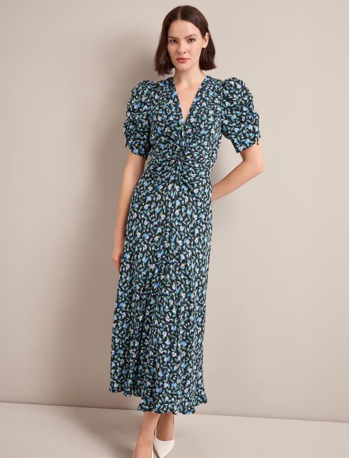 Ophelia Bias Cut Maxi Dress - Black Blue Deco Floral Print - 画像 (7)