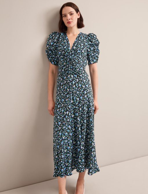 Ophelia Bias Cut Maxi Dress - Black Blue Deco Floral Print - 画像 (4)
