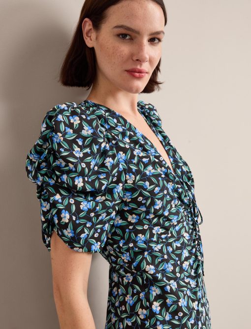 Ophelia Bias Cut Maxi Dress - Black Blue Deco Floral Print - 画像 (3)