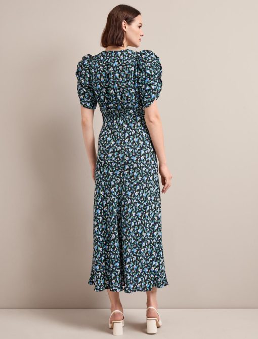 Ophelia Bias Cut Maxi Dress - Black Blue Deco Floral Print - 画像 (8)