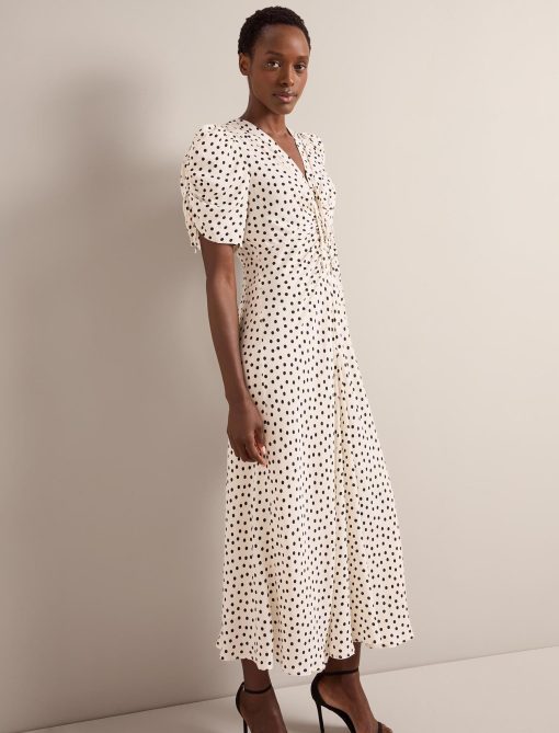 Ophelia Bias Cut Maxi Dress - Ecru Black Polka Dot Print - 画像 (6)