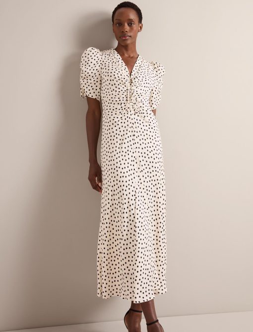 Ophelia Bias Cut Maxi Dress - Ecru Black Polka Dot Print - 画像 (5)