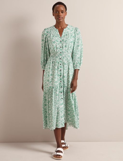 Aspen Cotton Blend Maxi Dress - Green Mono Floral Print - 画像 (2)