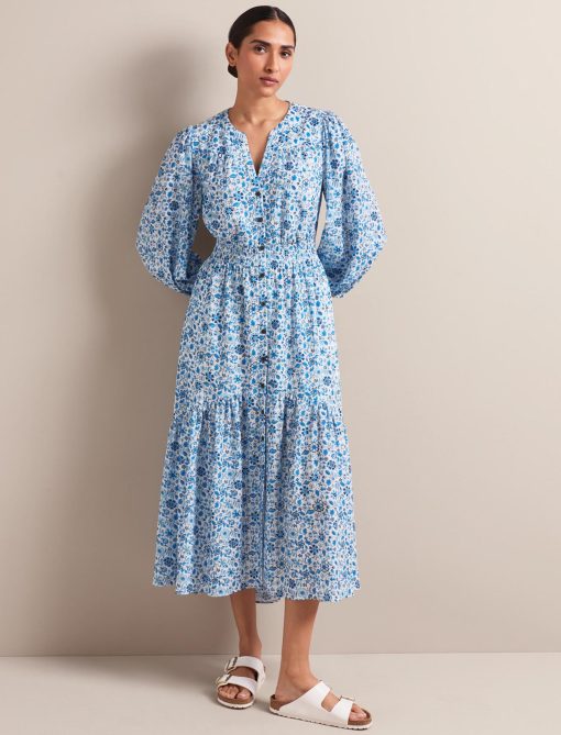 Aspen Cotton Blend Maxi Dress - White Blue Ditsy Carnation Print - 画像 (6)