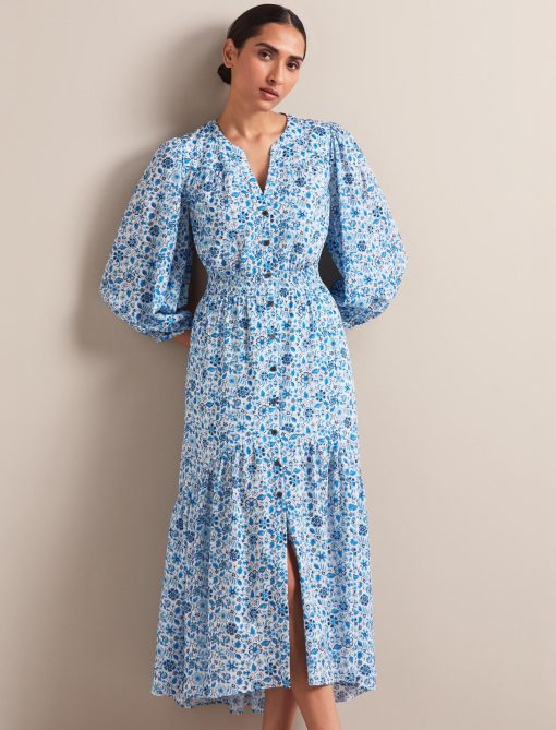 Aspen Cotton Blend Maxi Dress - White Blue Ditsy Carnation Print - 画像 (9)