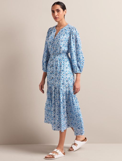 Aspen Cotton Blend Maxi Dress - White Blue Ditsy Carnation Print - 画像 (4)