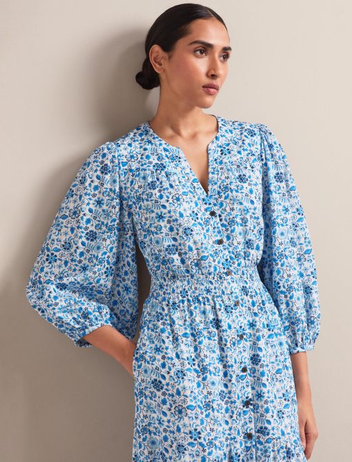 Aspen Cotton Blend Maxi Dress - White Blue Ditsy Carnation Print - 画像 (2)