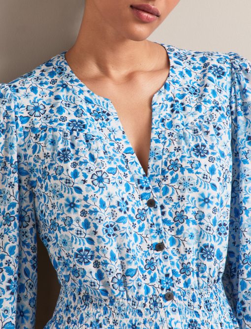 Aspen Cotton Blend Maxi Dress - White Blue Ditsy Carnation Print - 画像 (3)