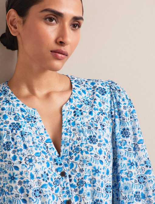 Aspen Cotton Blend Maxi Dress - White Blue Ditsy Carnation Print - 画像 (5)
