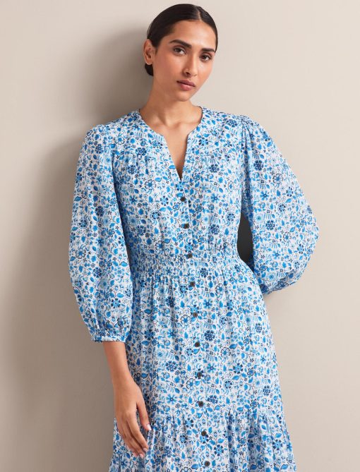 Aspen Cotton Blend Maxi Dress - White Blue Ditsy Carnation Print - 画像 (8)