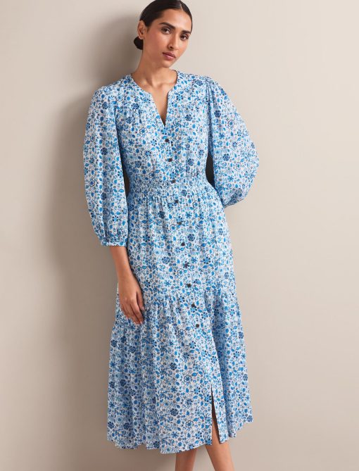 Aspen Cotton Blend Maxi Dress - White Blue Ditsy Carnation Print - 画像 (11)
