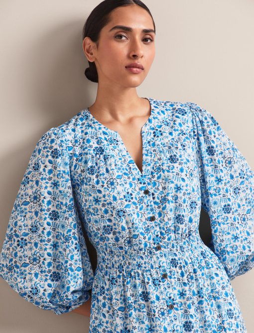 Aspen Cotton Blend Maxi Dress - White Blue Ditsy Carnation Print - 画像 (12)