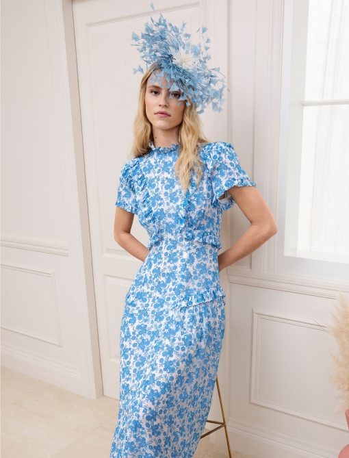 Mirabel Gold Metallic Fil Coupé Maxi Dress - White Blue Paisley Print - 画像 (3)